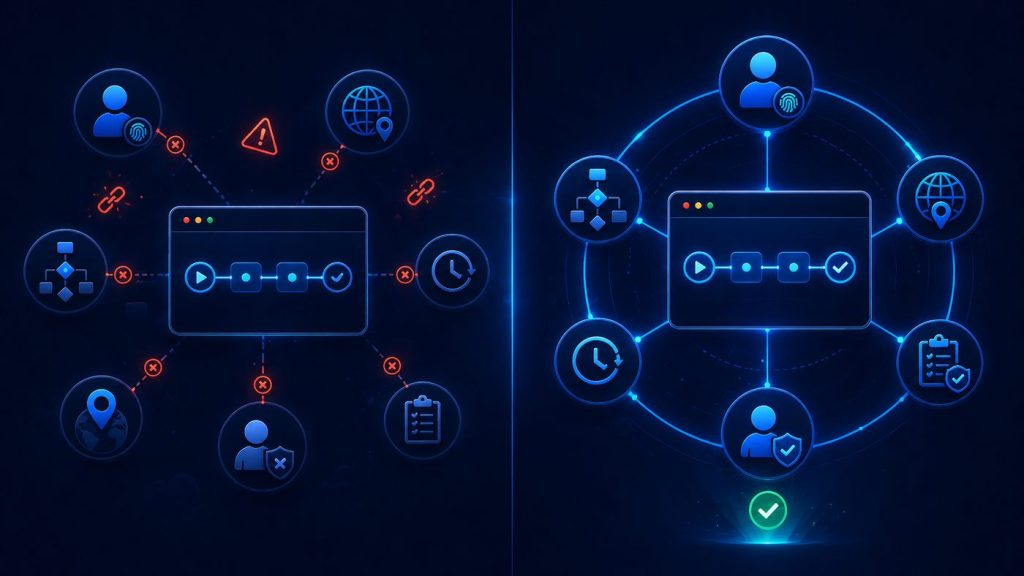 Comparison of blind browser automation and context-aware automation with connected profiles, proxies, tasks, logs, and review checkpoints