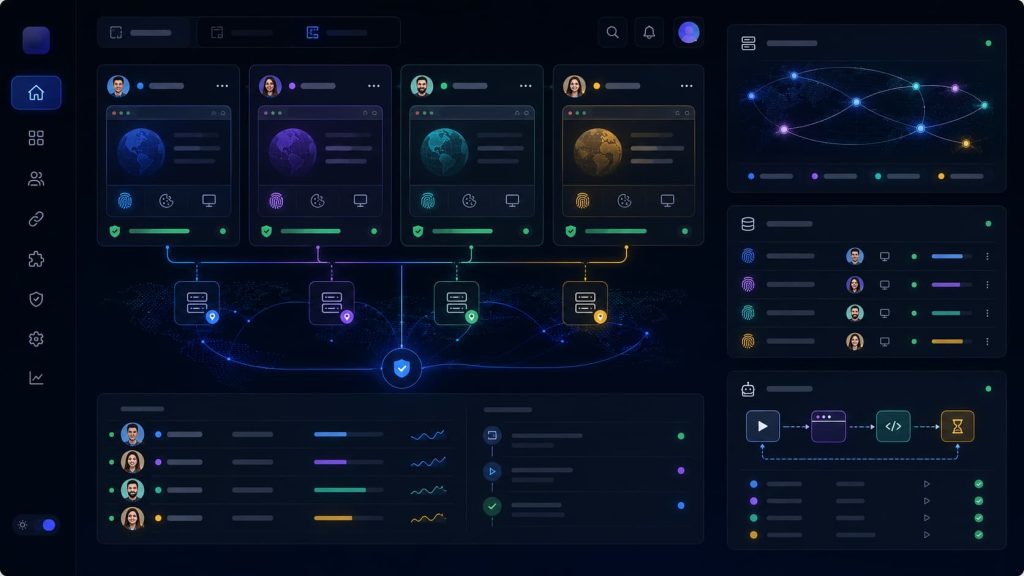 AdsPower alternative for teams showing browser profiles connected to proxy, session, automation, and workspace controls.