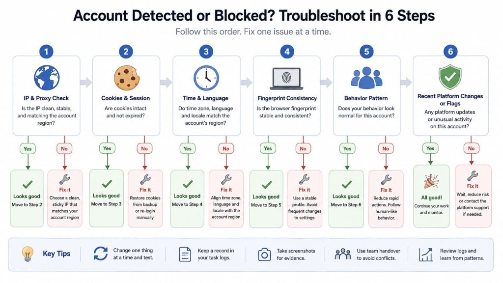 Account context check flow for AI browser automation login problems