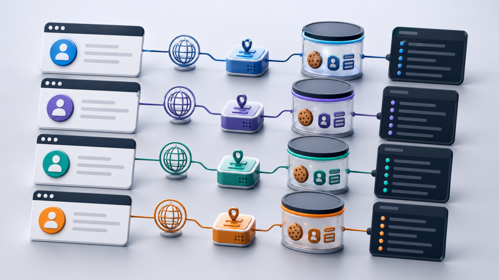 Separate browser profiles, sessions, cookies, and task evidence for multi-account workflows
