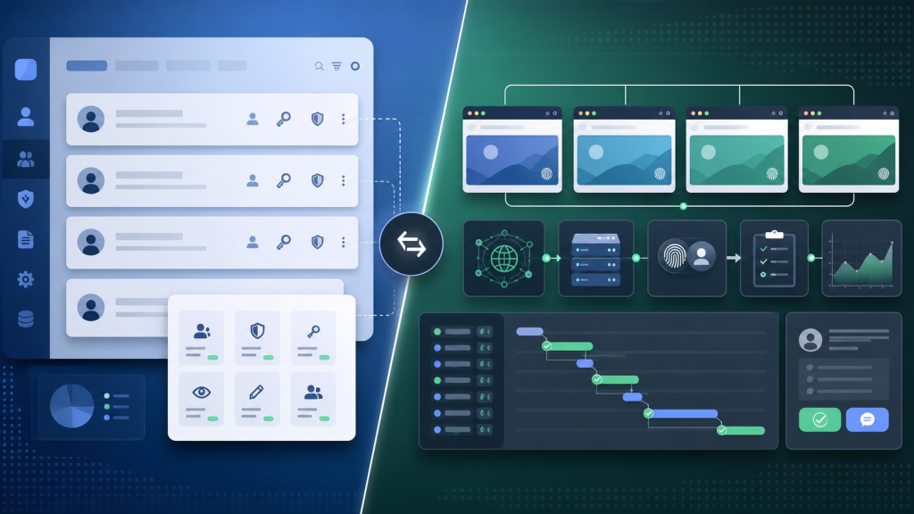 Decision table showing account management software and multi-account browser workflow control layers