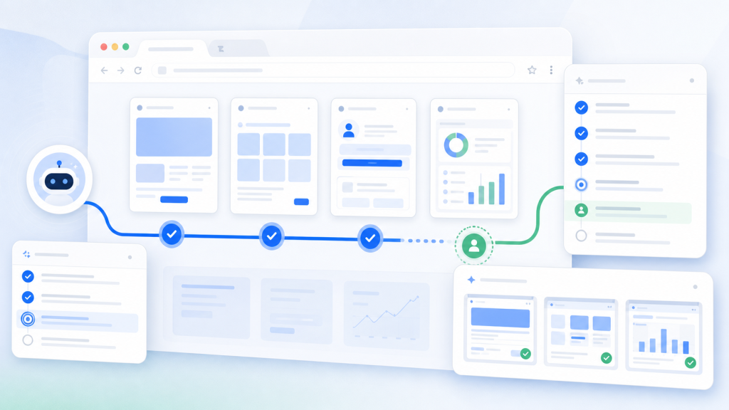 Browser AI agent page inspection workflow with task evidence, account context, and human review checkpoints