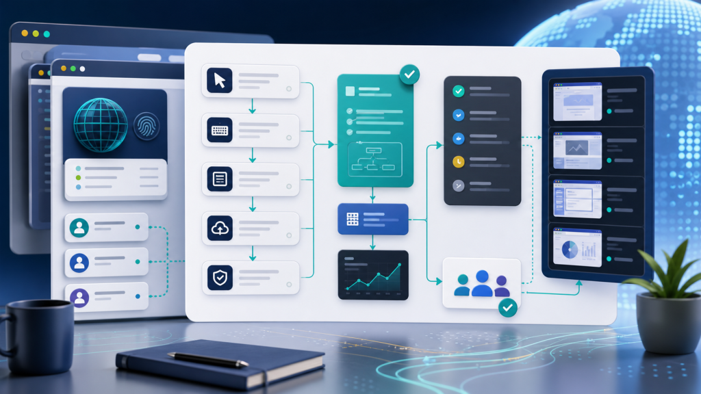Browser task automation workflow with profile context, reusable template, execution log, and review evidence