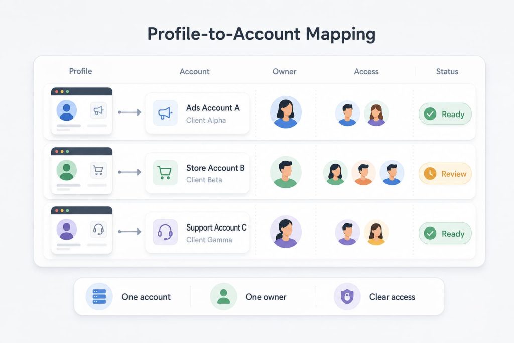 Profile-to-account mapping table for team browser profile management