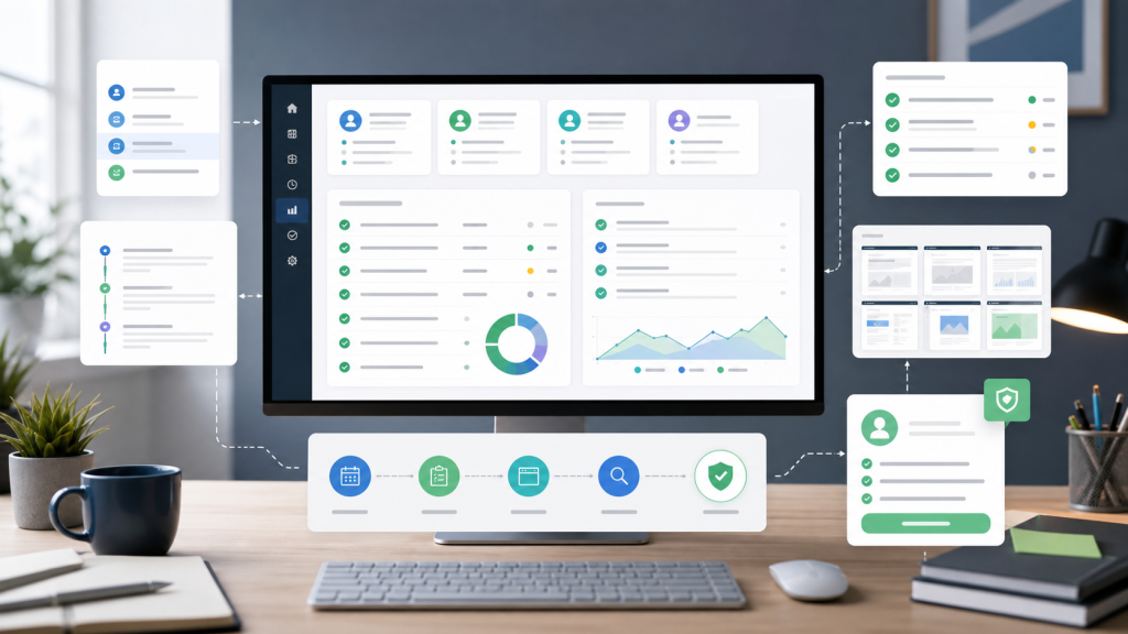A 7-day AI browser workspace evaluation scorecard with profile cards, task logs, evidence snapshots, and human review checkpoints