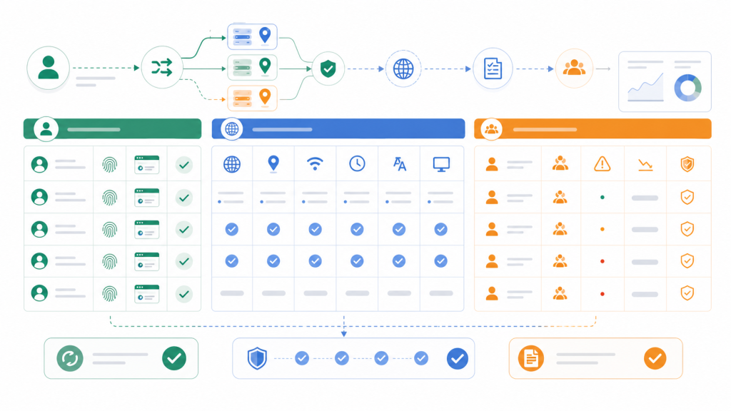 Fingerprint browser selection dashboard showing browser profiles, proxy binding, task logs, review steps, and team permissions