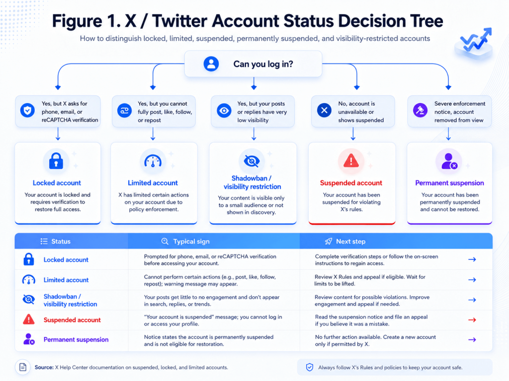 X Twitter account status decision tree showing locked limited suspended permanent suspension and shadowban differences