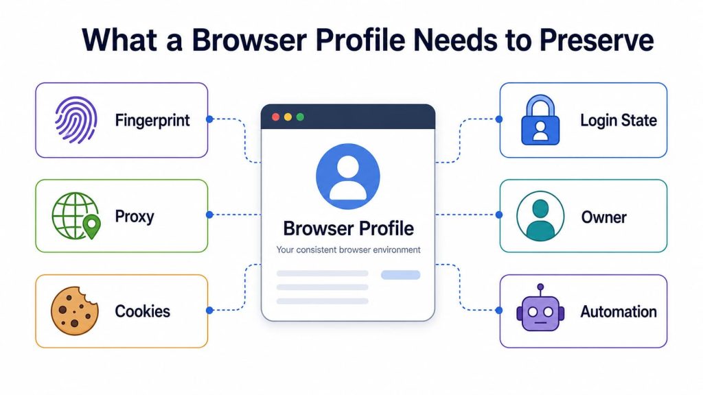 Browser profile connecting fingerprint settings, proxy assignment, cookies, login state, account owner, and automation access.