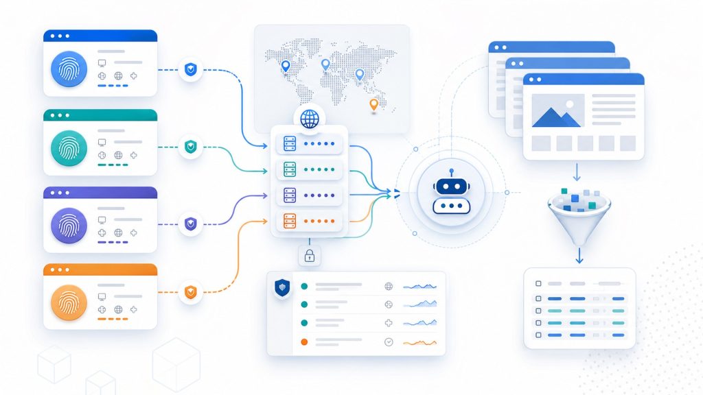 Conceptual workflow showing isolated browser profiles, proxy routes, and evidence logs for web scraping automation.
