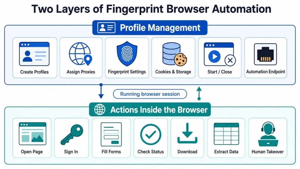 Two-layer fingerprint browser automation model separating profile management from actions inside the browser
