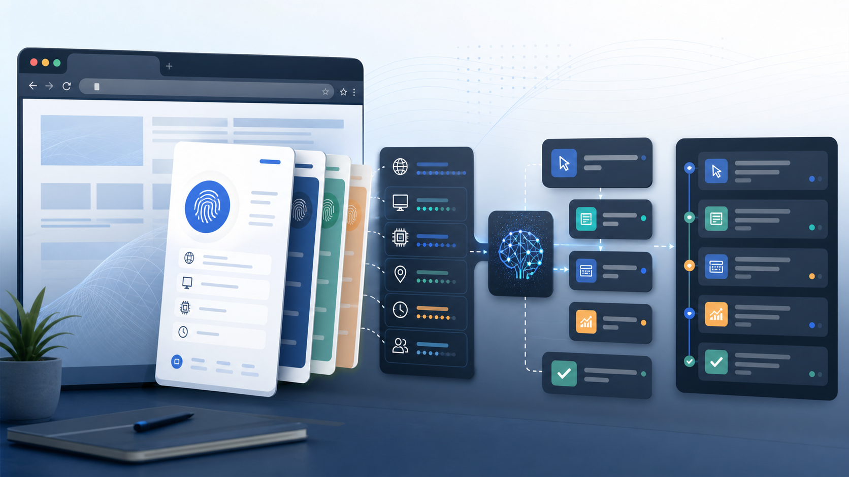 AI fingerprint browser workflow connecting profile isolation, proxy binding, task execution, and review evidence