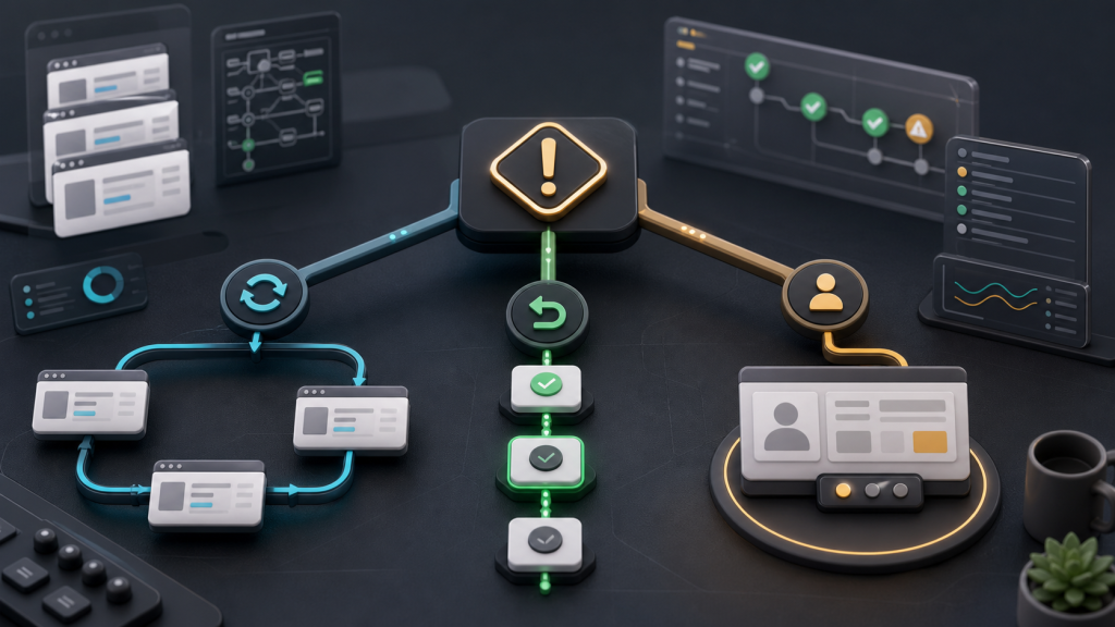 Browser automation recovery decision workflow with logs screenshots and human review checkpoints