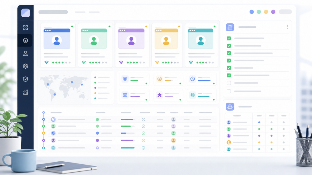 Browser workspace dashboard with profile cards, proxy checks, task logs, ownership rows, and review checklist