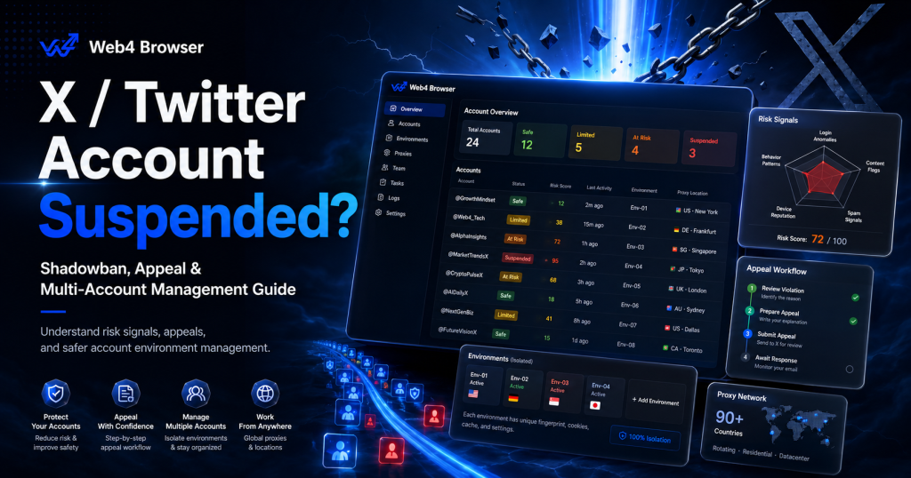 X Twitter account suspended shadowban appeal and multi-account management guide with Web4 Browser account environment dashboard