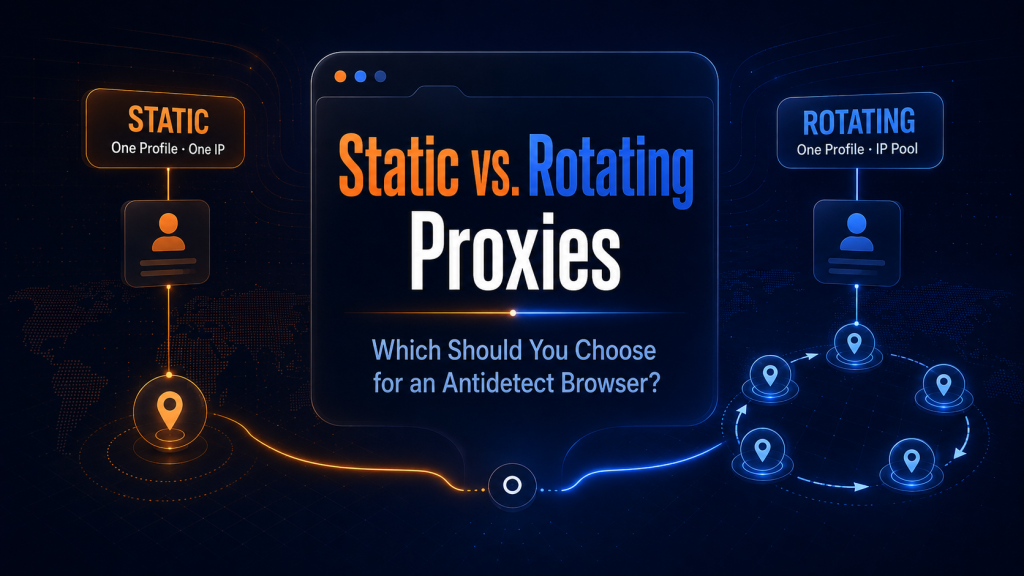 Static vs. rotating proxies for an antidetect browser, showing one profile connected to a persistent IP and another connected to a rotating IP pool.