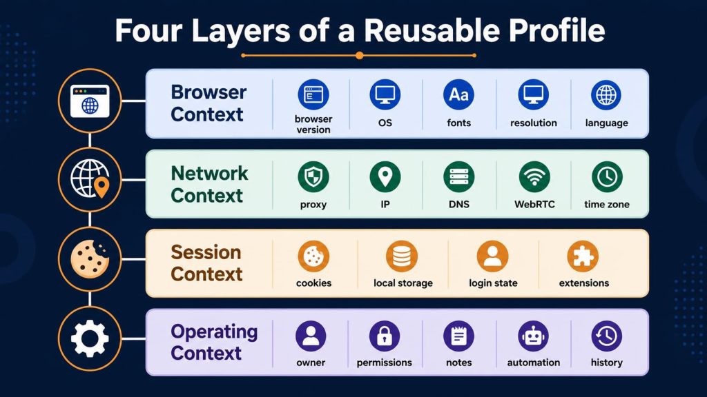 Browser, network, session, and operating context in one reusable profile.