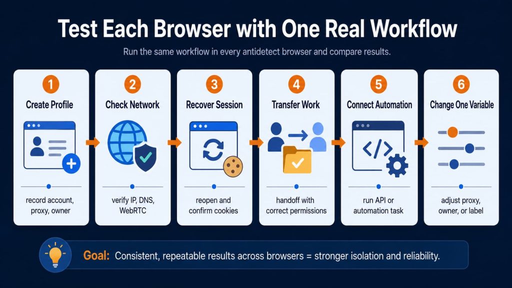 Six-step workflow for testing an antidetect browser.