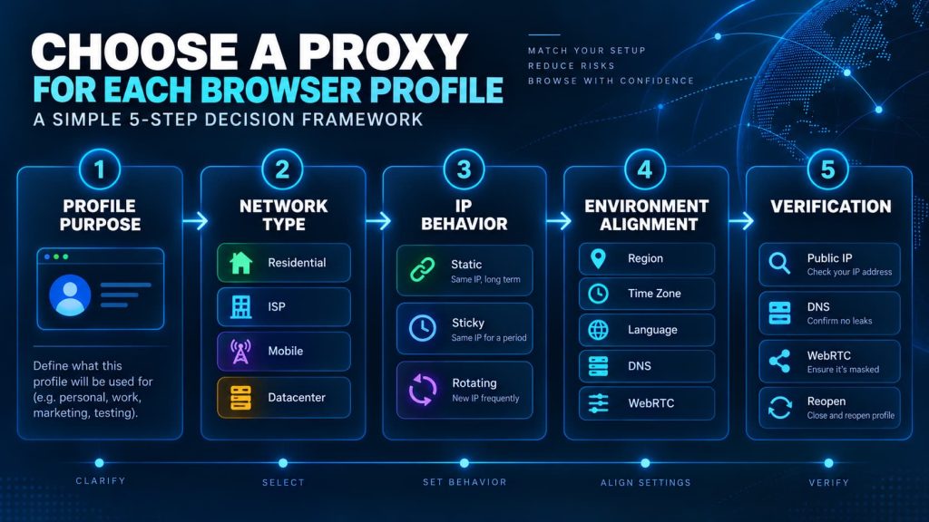 Five-step proxy selection process for antidetect browser profiles