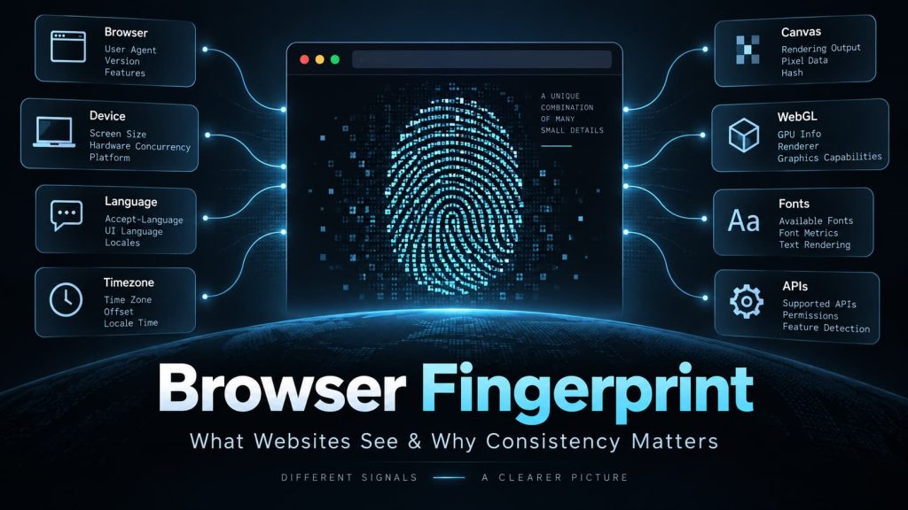 Browser fingerprint formed from browser, device, regional, and rendering signals.