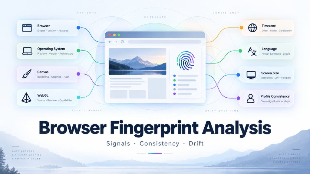 Browser fingerprint analysis across browser, system, rendering, and regional signals