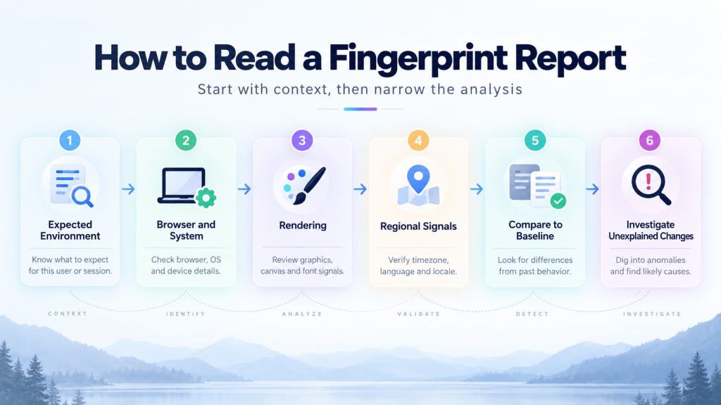 Browser fingerprint analysis workflow from expected environment to unexplained signal changes