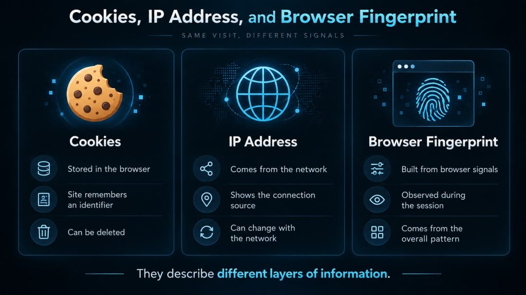 Comparison of browser fingerprint, cookies, and IP address as different identification signals.