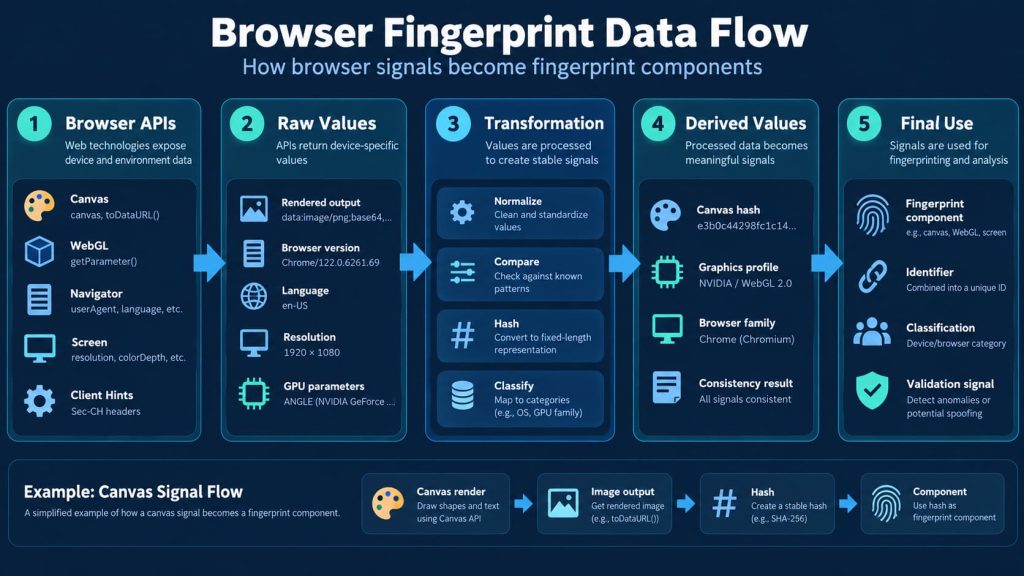Browser fingerprint data flow from browser APIs and raw values through transformation to derived fingerprint components