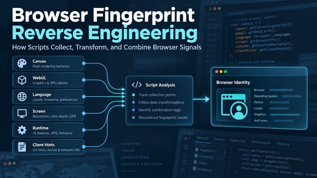 Browser fingerprint reverse engineering tracing Canvas, WebGL, runtime and browser signals through collection and processing