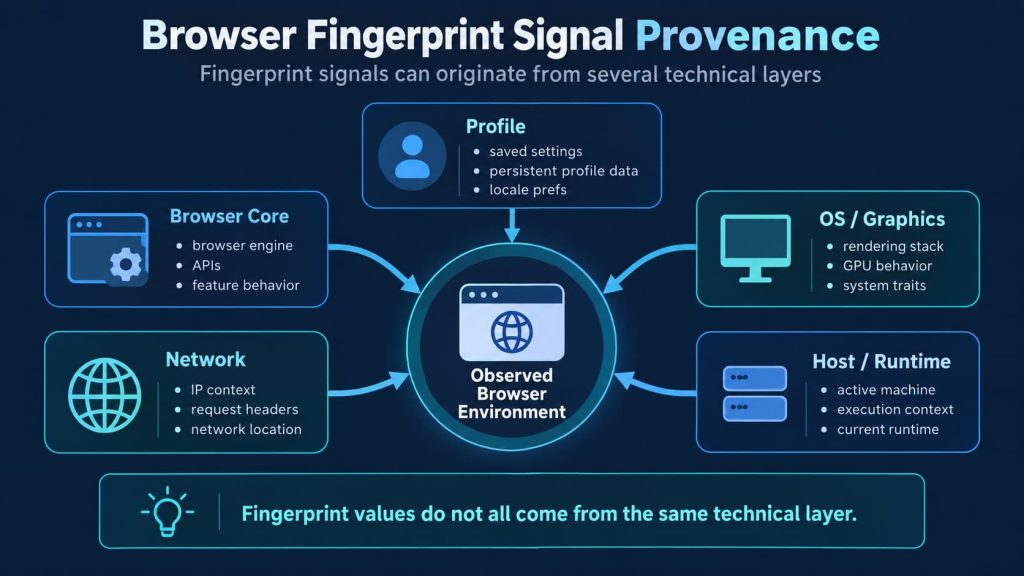 Browser fingerprint signals originating from browser core, profile, network, graphics and host runtime layers