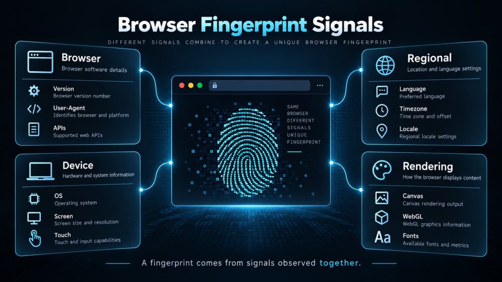 Browser fingerprint signals grouped into browser, device, regional, and rendering information.