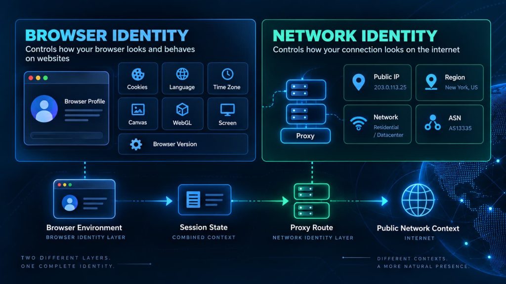 Browser identity and network identity in an antidetect browser