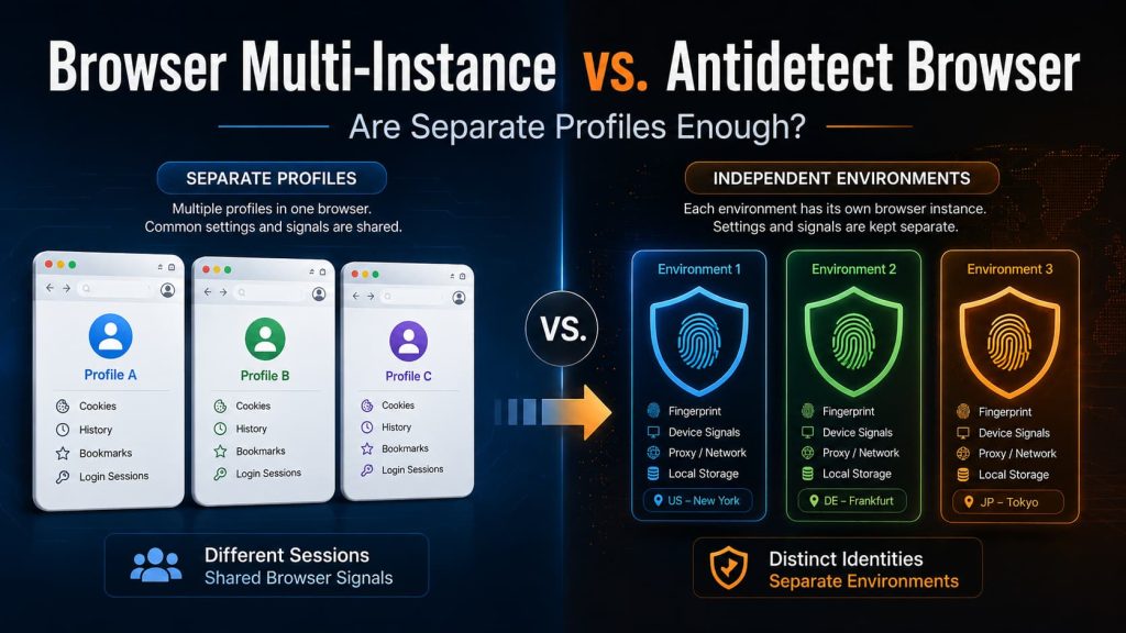 Browser Multi-Instance vs. Antidetect Browser comparison showing separate profiles and independent browser environments