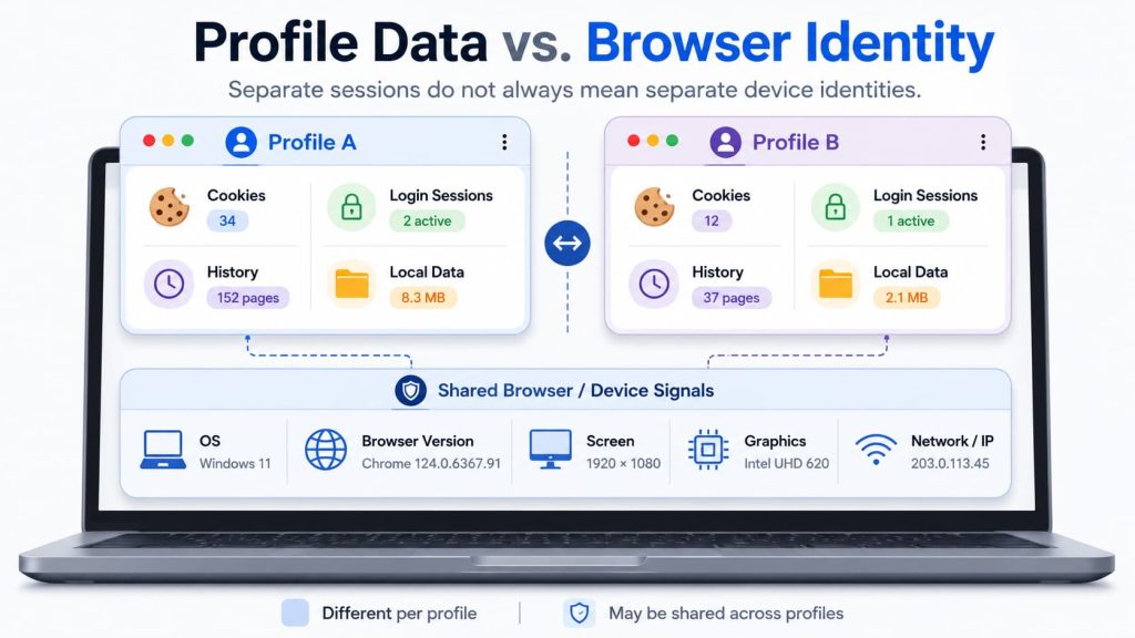 Two browser profiles with separate cookies and logins but shared device, browser, screen, and network characteristics