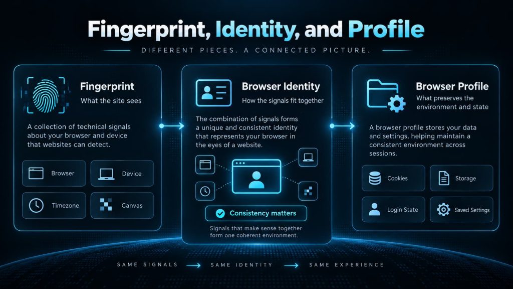 Relationship between browser fingerprint, browser identity, and persistent browser profile.