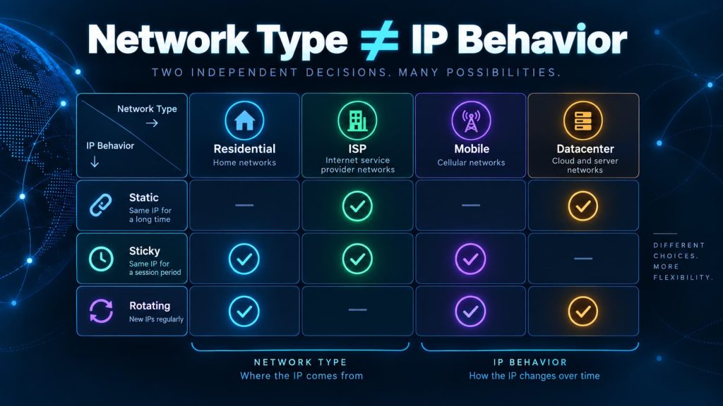 Network type and IP behavior for antidetect browser proxies