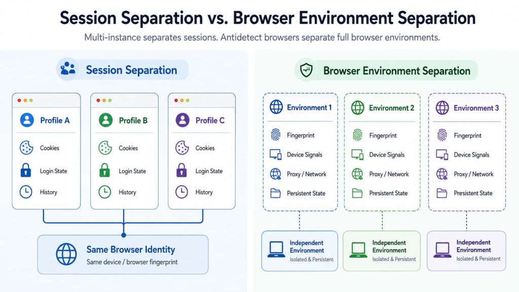 Browser multi-instance separates sessions while an antidetect browser also manages fingerprint, network context, and persistent environment