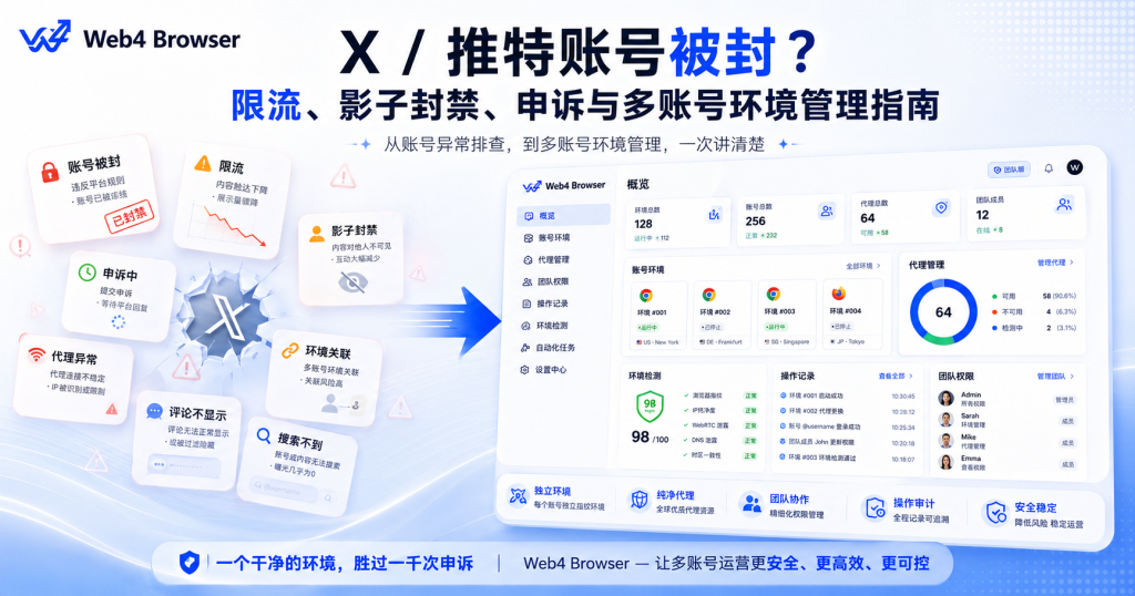 X推特账号被封、限流、影子封禁、申诉流程和多账号环境管理指南，展示Web4 Browser账号环境管理工作台