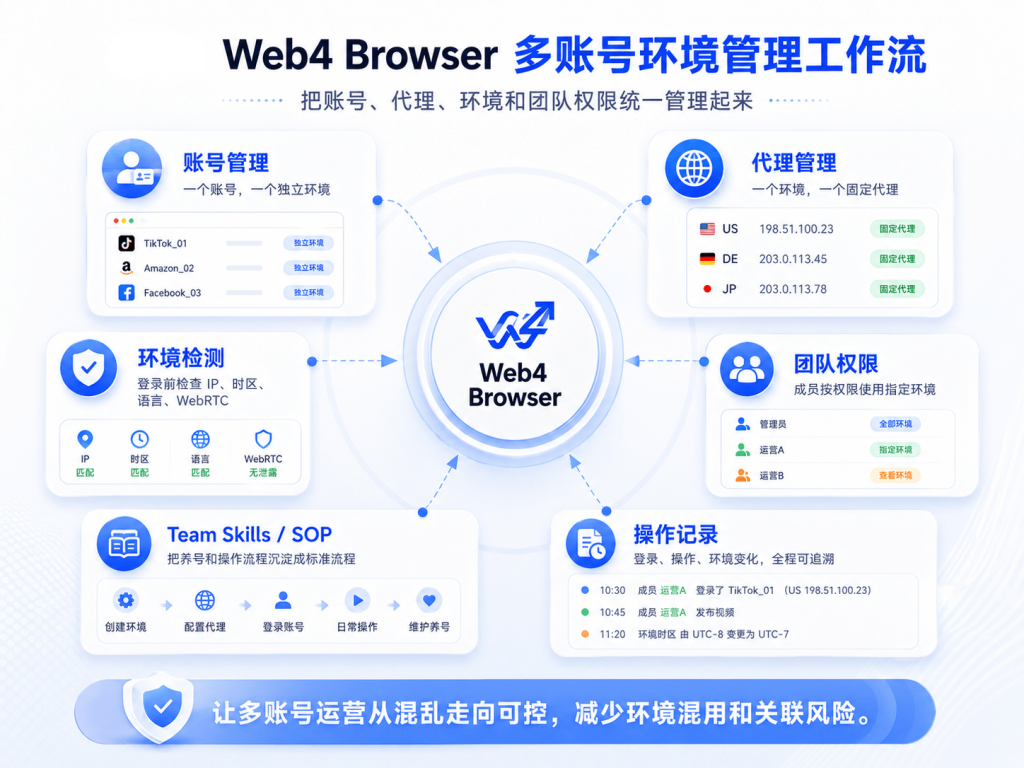Web4 Browser多账号环境管理工作流:账号、浏览器环境、代理、环境检测、团队权限、Team Skills和操作记录