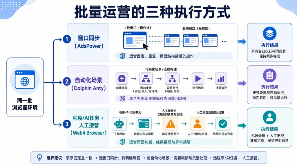 同一批浏览器环境分别通过窗口同步、自动化场景和程序或AI任务配合人工接管执行