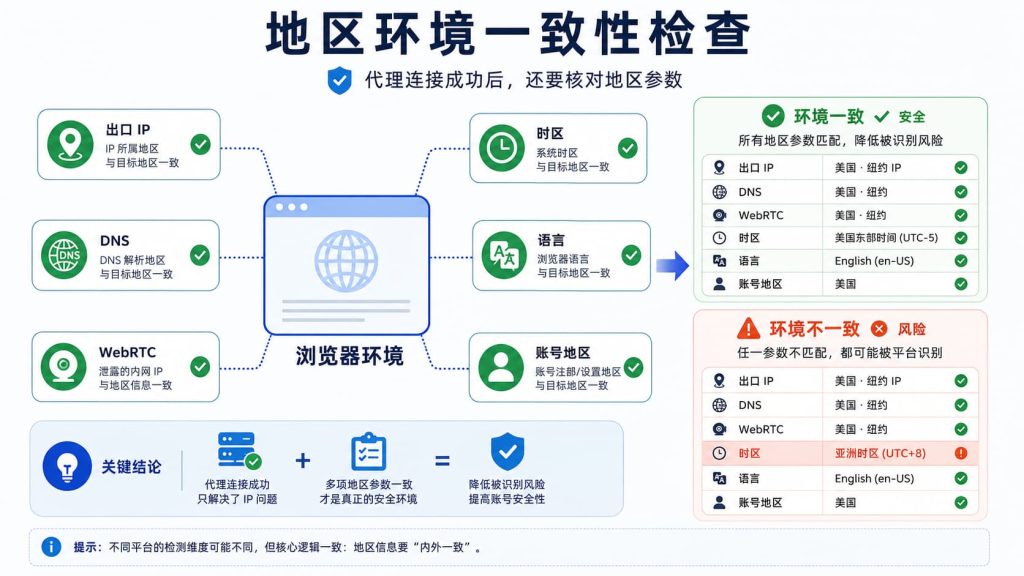 浏览器环境中的出口IP、DNS、WebRTC、时区和语言需要与账号地区合理对应