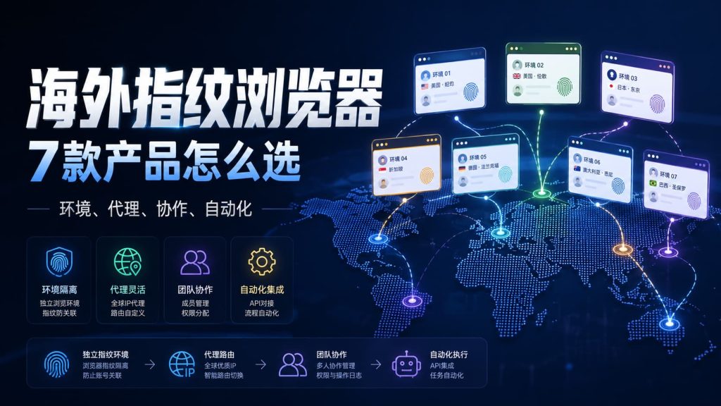 多个独立浏览器环境连接不同国家代理节点，用于比较海外指纹浏览器的环境、代理和自动化能力