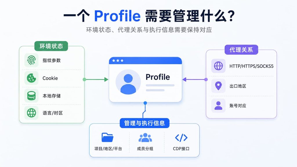 浏览器Profile周围连接环境状态、代理关系以及成员管理和程序接入信息