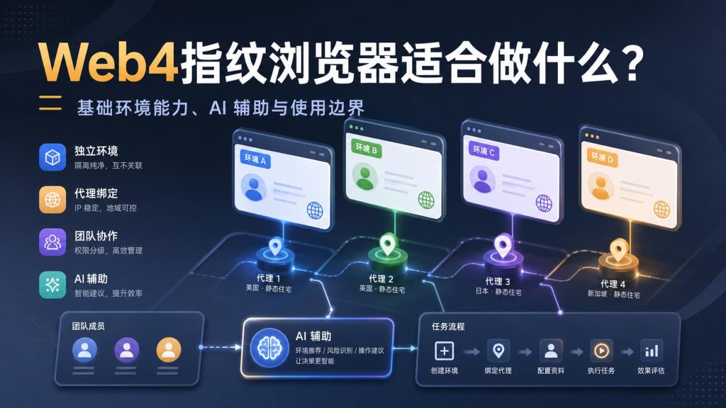 Web4指纹浏览器连接独立环境、代理管理、团队任务与AI辅助流程