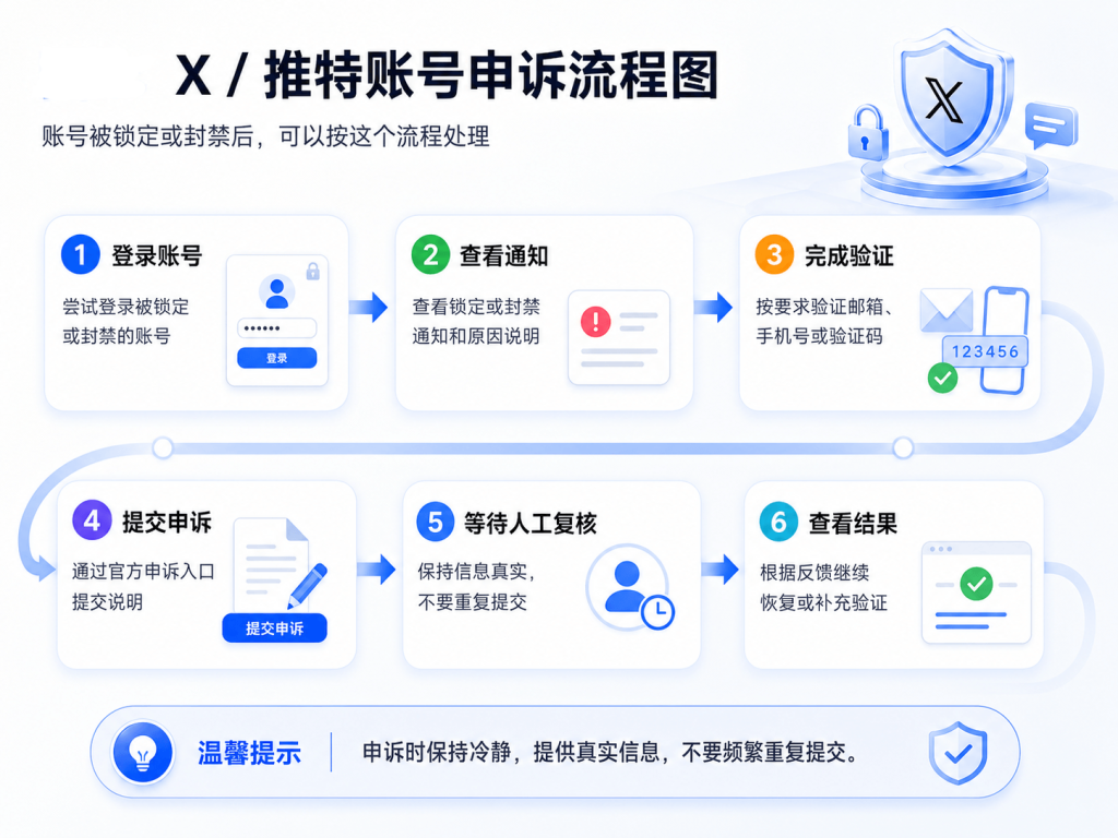 X推特账号申诉流程图:登录账号、查看通知、完成验证、提交官方申诉、请求人工复核