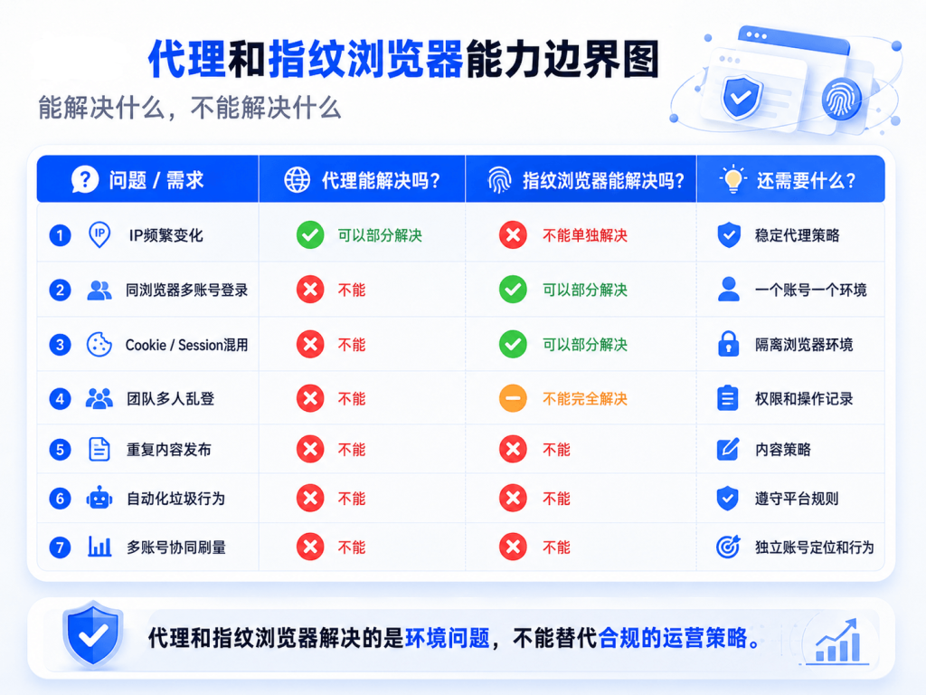 代理和指纹浏览器能力边界图:能解决环境稳定和隔离,不能解决重复内容、垃圾行为和违规操作