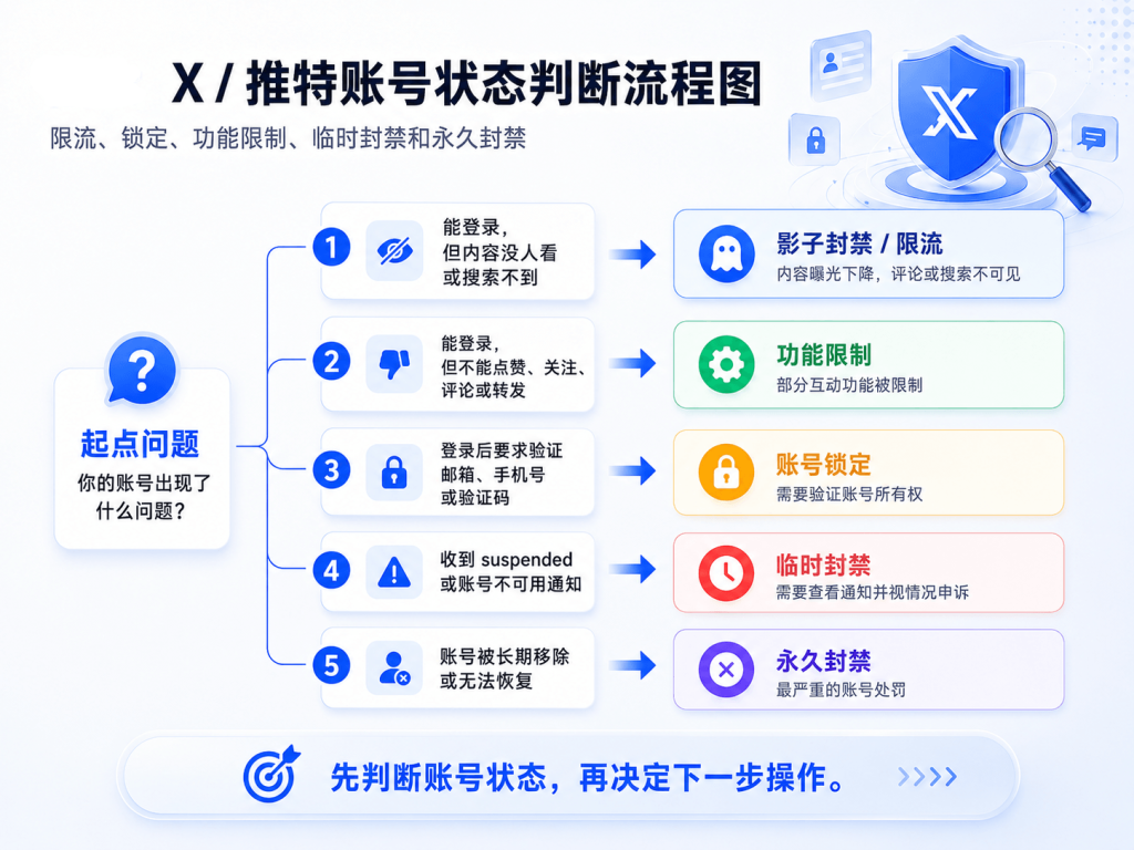 X推特账号状态判断流程图:限流、锁定、功能限制、临时封禁和永久封禁