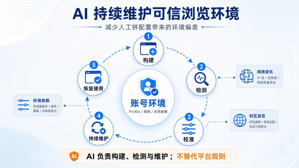 账号环境增加后，AI可参与环境构建、检测、校准和持续维护，减少人工配置产生的环境偏差
