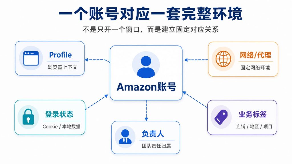 Amazon账号应与固定Profile、网络、登录状态、业务信息和负责人建立长期对应关系