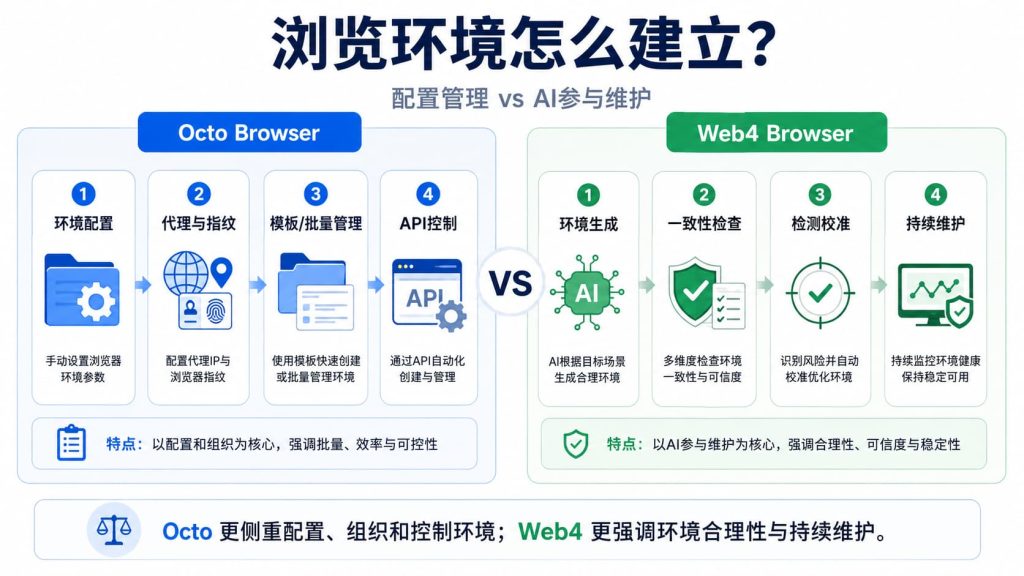 Octo Browser 环境配置管理与 Web4 AI 可信浏览环境构建方式对比