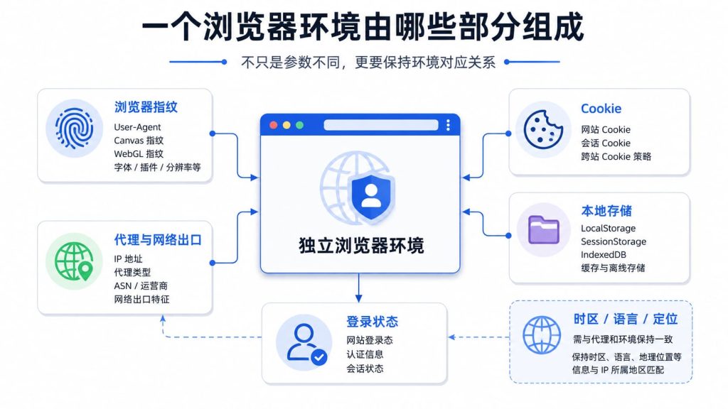 独立浏览器环境由浏览器指纹、代理、Cookie、本地存储和账号登录状态共同组成